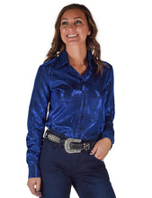 Cowgirl Tuff Blue Metallic Shimmer Stretch Jersey Pullover Button-Up
