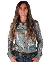 Silver Holographic Foil Lightweight Stretch Jersey Pullover Button-Up