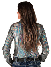Silver Holographic Foil Lightweight Stretch Jersey Pullover Button-Up