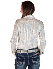 White with Iridescent Chrome Print Lightweight, High Stretch Pullover Button-Up