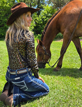 Soft Copper and Gold Metallic Leopard Shimmer Lightweight High Stretch Jersey Pullover Button-Up