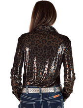 Soft Copper and Gold Metallic Leopard Shimmer Lightweight High Stretch Jersey Pullover Button-Up