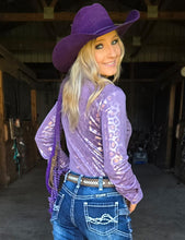 Soft Lavender Metallic Leopard Shimmer Lightweight High Stretch Jersey Pullover Button-Up