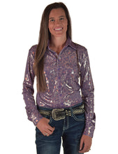 Soft Lavender Metallic Leopard Shimmer Lightweight High Stretch Jersey Pullover Button-Up