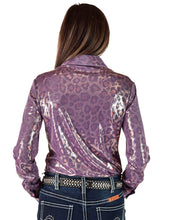 Soft Lavender Metallic Leopard Shimmer Lightweight High Stretch Jersey Pullover Button-Up