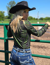Green Iridescent Swishes Over Black Lightweight Jersey High Stretch Pullover Button-Up