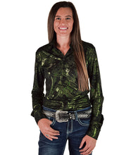 Green Iridescent Swishes Over Black Lightweight Jersey High Stretch Pullover Button-Up