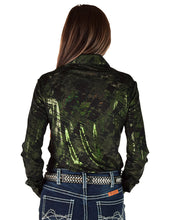 Green Iridescent Swishes Over Black Lightweight Jersey High Stretch Pullover Button-Up