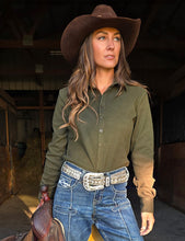 Cowgirl Tuff Olive Green Fleece Heavy Weight Medium Stretch Pullover Button-Up